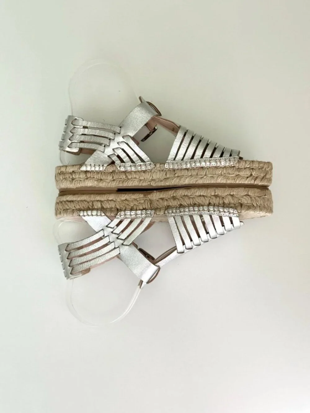NEW LOEFFLER RANDALL Metallic Silver Leather Fisherman Espadrille Sandals Size 8